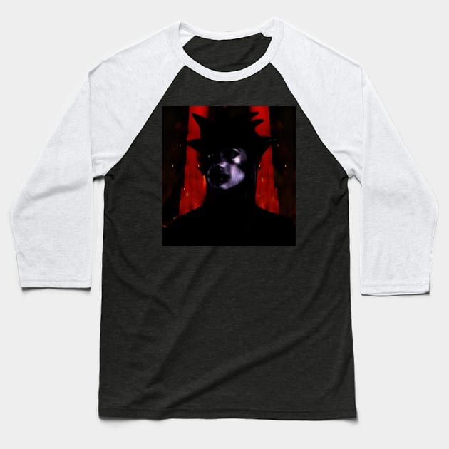 Beautiful girl in strange dark suit, with face mask. Red castle or rock on background. Red, blue, violet. Dark. Baseball T-Shirt by 234TeeUser234